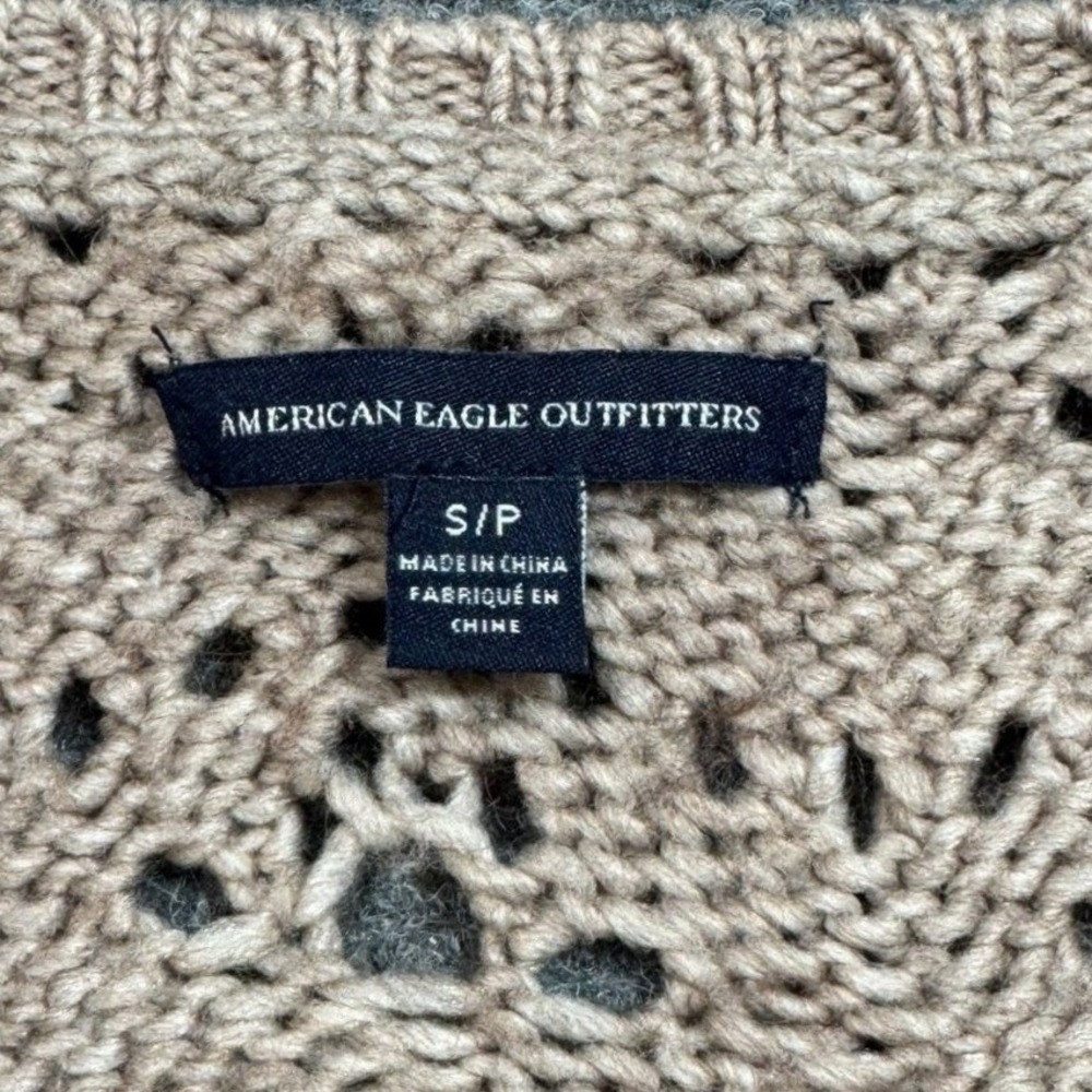 American Eagle Sweater Taupe Pointelle Knit V-Neck Boho Cottagecore Small